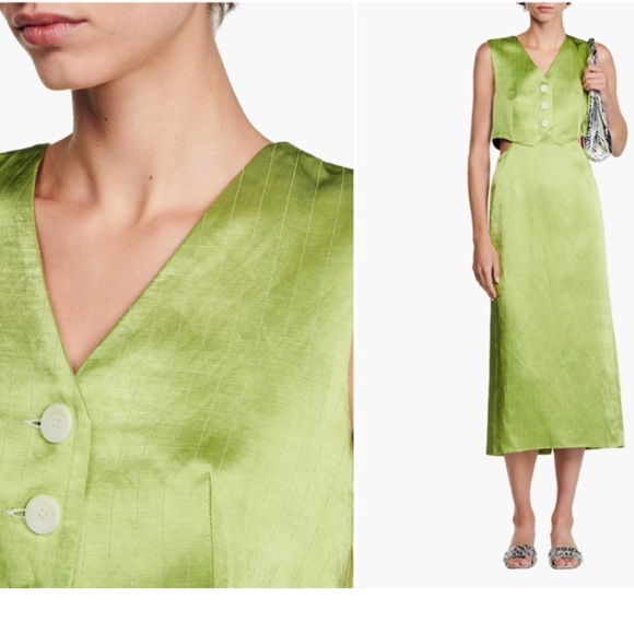 SANDRO Abby Sleeveless Cut-Out Metallic Pinstriped Lurex Satin Vest Midi Dress - Picture 6 of 16